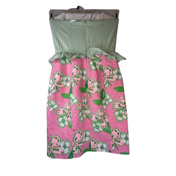 Adorable Lilly Pulitzer Strapless Seersucker Green and Pink Dress - Size 00 - Picture 4 of 16